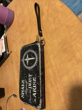 Skullette Black Graphic Wristlet Clutch with Gold Hardware